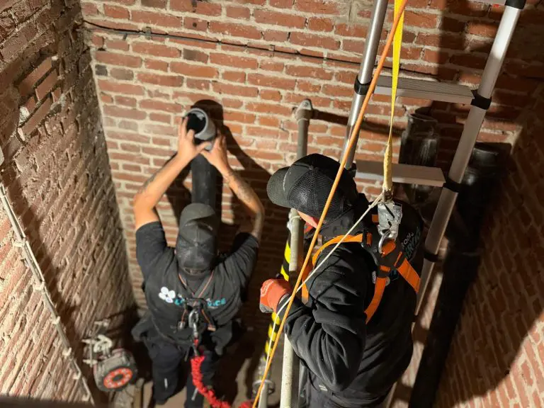 Twee dakdekkers met veiligheidsharnassen plaatsen een zwarte dakafvoerbuis tegen een bakstenen muur.